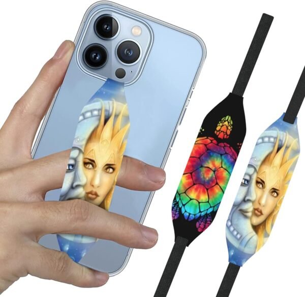 Reversible Phone Grip Strap | Comfortable Cell Phone Holder & Phone Loop for Secure Handling | Phone Hand Straps for Phone Cases - Moon Sun & Psychedelic Turtle - Image 2