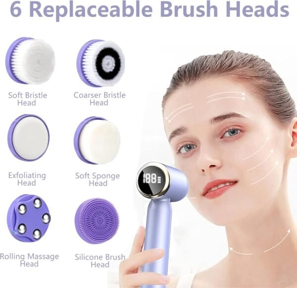 Facial Cleansing Brush, 6 in 1 Electric Face Scrubber with 6 Brush Heads and 3 Spin Speeds for Deep Cleansing, Waterproof Rechargeable Face Brushes for Dry Oily Sensitive Skin (Purple) - Image 5