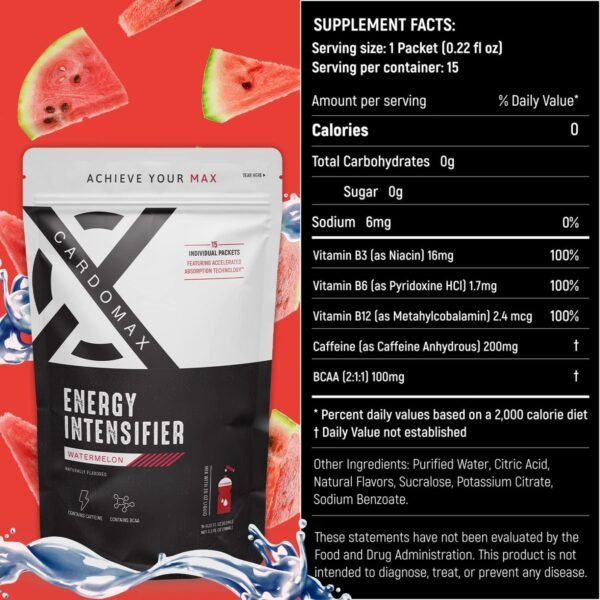 Clear Liquid Mix - Pre-Workout + Caffeine, BCAA, & 100% B3, 6&12 Vitamins - Natural Tasting Flavor for Keto, Sugar Free & Vegan Diets. - Watermelon Flavoring (15 Count) - Image 4