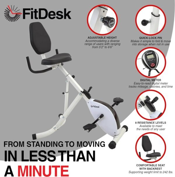 FitDesk Standing Desk Bike Height Adjustable Exercise Bike with 8 Resistance Levels, Digital Performance Meter, Foldable, Supports Up to 242 lbs, Indoor Cycling Machine for Home and Office Use, White - Image 4