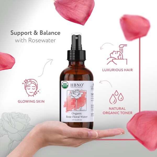 HBNO California Bottled Organic Rose Water for Face 4 fl oz (120ml) - USDA Certified Organic Rose Water Spray for Face - Pure Rose Water for Hair - Rosewater Face Mist, Rose Water Spray for Cleansing - Image 3