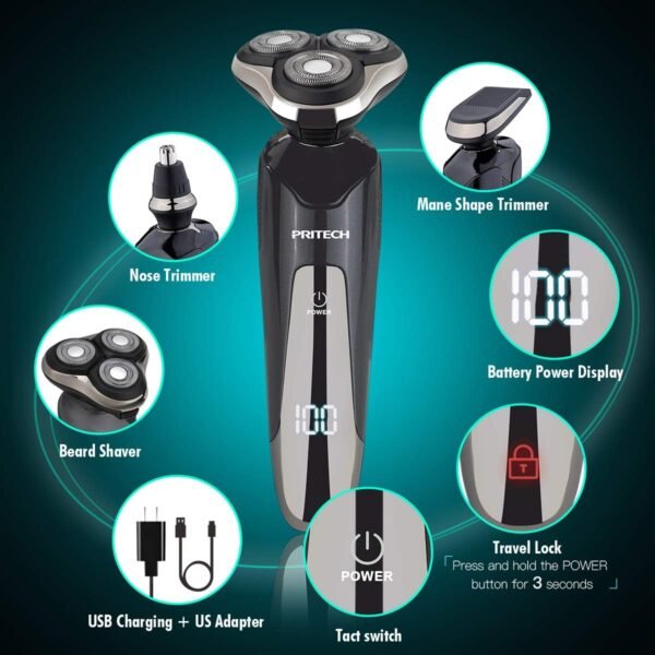 Electric Razor for Men - Rechargeable Electric Shaver for Men, Waterproof Wet Dry Cordless Razor with Nose Hair Trimmer and Sideburns Trimmer - Image 3