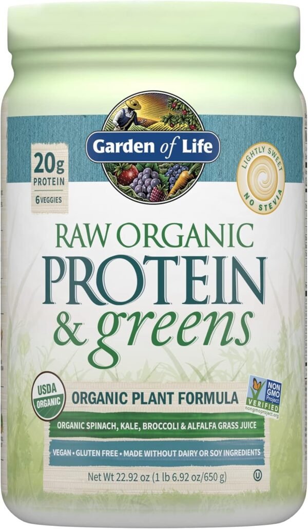 Garden of Life Raw Organic Protein & Greens Lightly Sweet, Vegan Protein Powder for Women and Men, Plant Protein, Pea Protein, Greens & Probiotics, Dairy Free, Gluten Free Low Carb Shake, 20 Servings - Image 2
