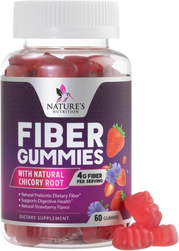 Fiber Supplement Gummies for Digestive Health & Regularity Support, Fiber 4g Gummy for Adults, Daily Prebiotic Supplements, Natural Prebiotic Fiber Gummy, Plant Based, Strawberry Flavored - 60 Gummies - Image 2