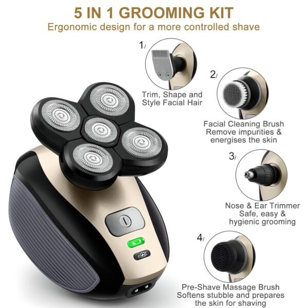 Bald Shavers for Men - Telfun Upgrade 5-in-1 Electric Head Shavers for Bald Men, 100% Waterproof Cordless Razor, Wet/Dry Shaving, 5 Dual Track Heads, Mess-Free Hair Capture - Image 3
