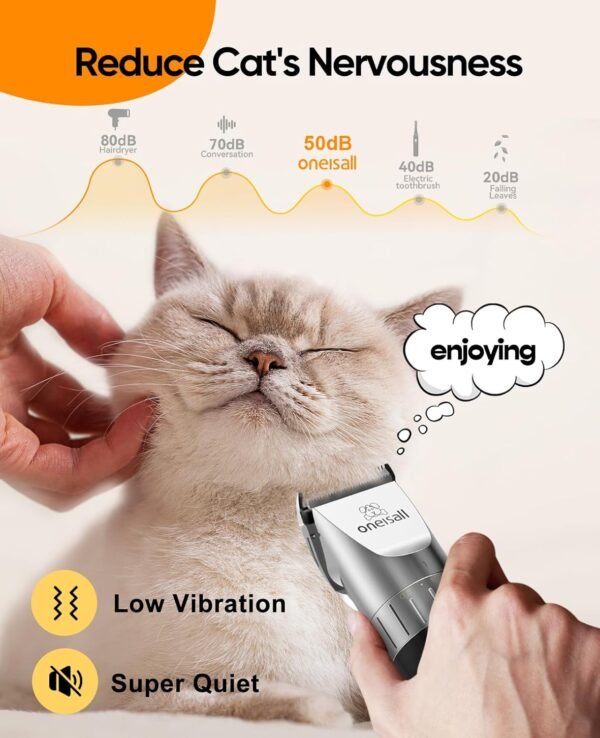 oneisall Cat Clippers,Quiet Cat Hair Trimmer for Matted Hair,Rechargeable Cat Grooming Supplies for Thick/Curly/Fin Hair,Cordless Cat Grooming Kit - Image 3