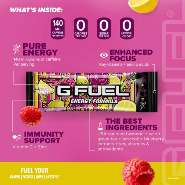 G Fuel Hype Sauce Energy Powder Packets, Sugar Free, Clean Caffeine Focus Supplement, Water Mix, Raspberry + Lemonade Flavor, Focus Amino, Vitamin + Antioxidants Blend - 6 Stick Pack, 0.25 oz - Image 6