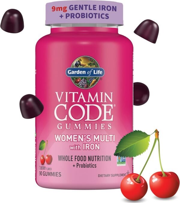 Women’s Multivitamin Gummy with Iron: Folate, Biotin, D3 & B12 for Hair, Skin & Nails + Probiotics for Immune Health & Digestion, Vitamin Code, Non-GMO, Gluten-Free, 90 Cherry Gummies, 30 Day Supply - Image 2
