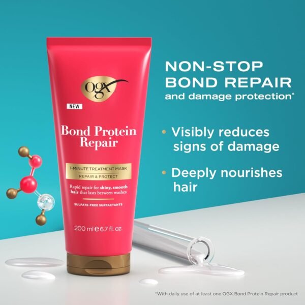 OGX Repair & Protect Bond Protein Repair 1-Minute Treatment Mask, Hair Treatment Mask Rapidly Repairs for Shiny, Smooth Hair That Lasts Between Washes, Sulfate-Free Surfactants, 6.7 fl. oz - Image 3