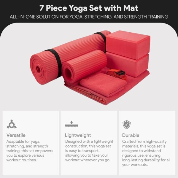 BalanceFrom 7-Piece Set - Include Yoga Mat with Carrying Strap, 2 Yoga Blocks, Yoga Mat Towel, Yoga Hand Towel, Yoga Strap and Yoga Knee Pad, Multiple Colors - Image 3