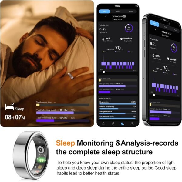 Smart Ring, Heart Rate/Sleep/Blood Oxygen Monitoring, Step Count, Wearable Fitness Tracker, APP Bluetooth Connected, IP68 Waterproof,Silver (Size 9) - Image 5