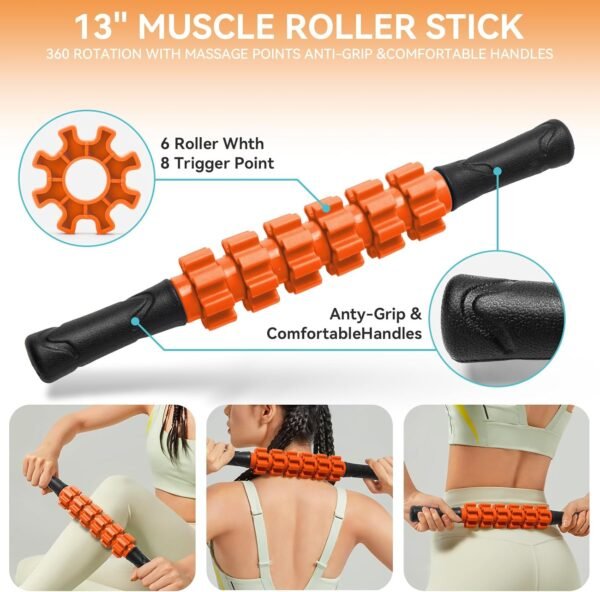 5 in 1 Foam Roller Set for Deep Tissue Muscle Massage, Trigger Point Fitness Exercise Foam Roller, Massage Roller, Massage Ball, Stretching Strap, for Whole Body (Orange Black) - Image 4