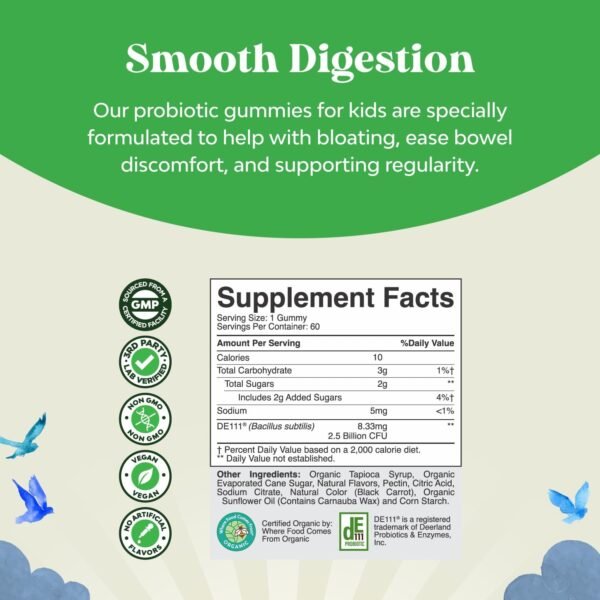 USDA Organic Kids Probiotic Gummies - Gut Bacteria Probiotics for Digestive Health & Stomach Relief - Gentle 2.5B CFU Kids Immune Support & Gut Heath Supplement - Vegan & Non-GMO Chews - 60 Count - Image 3