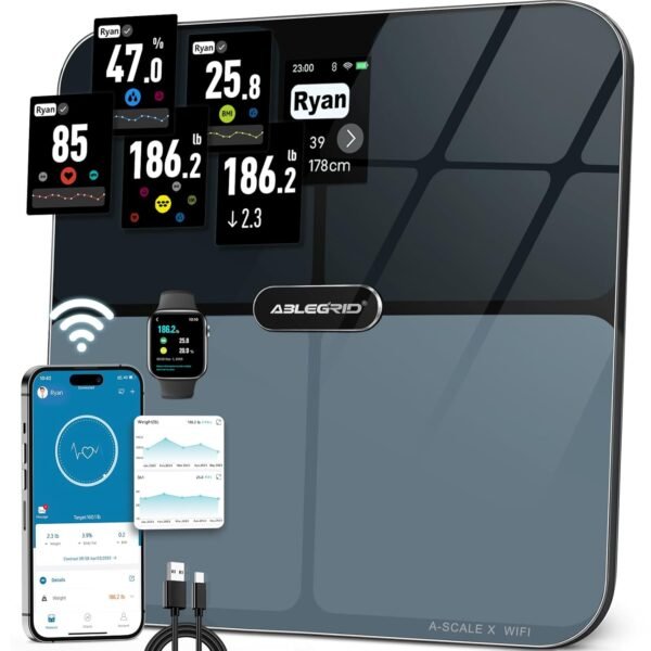 ABLEGRID Body Fat Scale,FSA HSA Eligible Smart WiFi Digital Bathroom Scale for Body Weight and Fat Percentage,16 Accurate Body Compositions Analyzer with BMI,Heart Rate,Fitness App,Rechargeable,400lb - Image 2