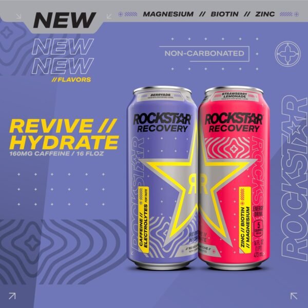 Rockstar Recovery Non-Carbonated Energy Drink, 3 Flavor Variety Pack (Raspberry Lemonade, Berryade, Strawberry Lemonade), 16 Fl Oz Cans (12 Pack), 160mg Caffeine, B Vitamins, Electrolytes - Image 4