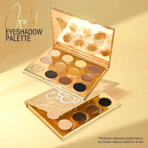 KYDA 12 Colors Golden Eyeshadow Palette, Ultra-rich Glitter Gold Eyeshadow, Matte Neutral Nude Smokey Eyeshadow Palette, Smooth Blendable Pigment, Good as Golden Eyeshadow Palette - Image 3