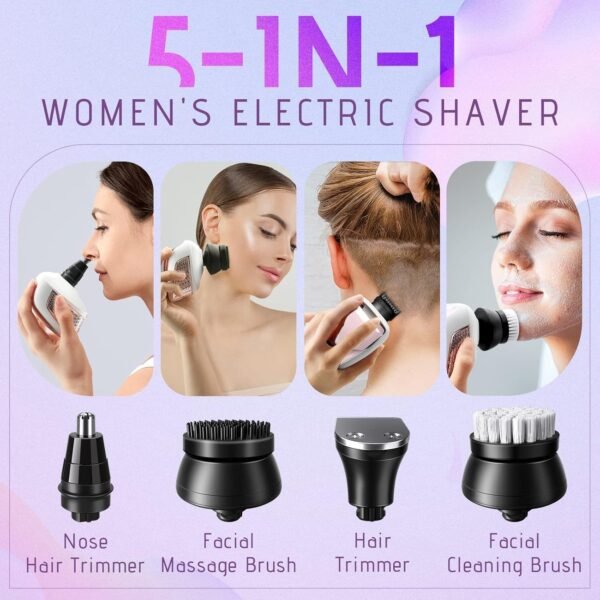 Electric Razors for Women, 5 in 1 Electric Shaver for Women, Cordless Painless Hair Remover for Legs Bikini Face Lips Hairs (Pink) - Image 6