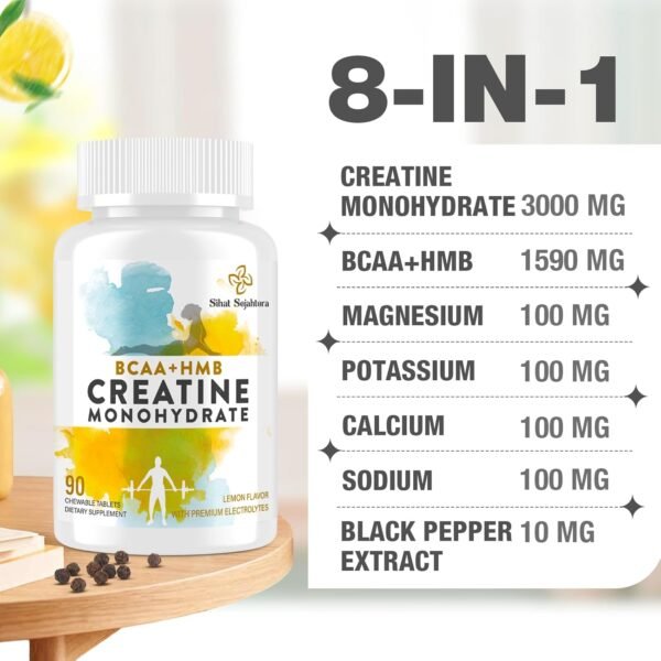 8-in-1 Creatine Monohydrate with BCAA & HMB, 5000 mg for Men & Women, Creatine Chews for Muscle, Recovery, Endurance & Strength, High Absorption, Lemon Flavor, Sugar-Free, 180 Tablets - Image 4