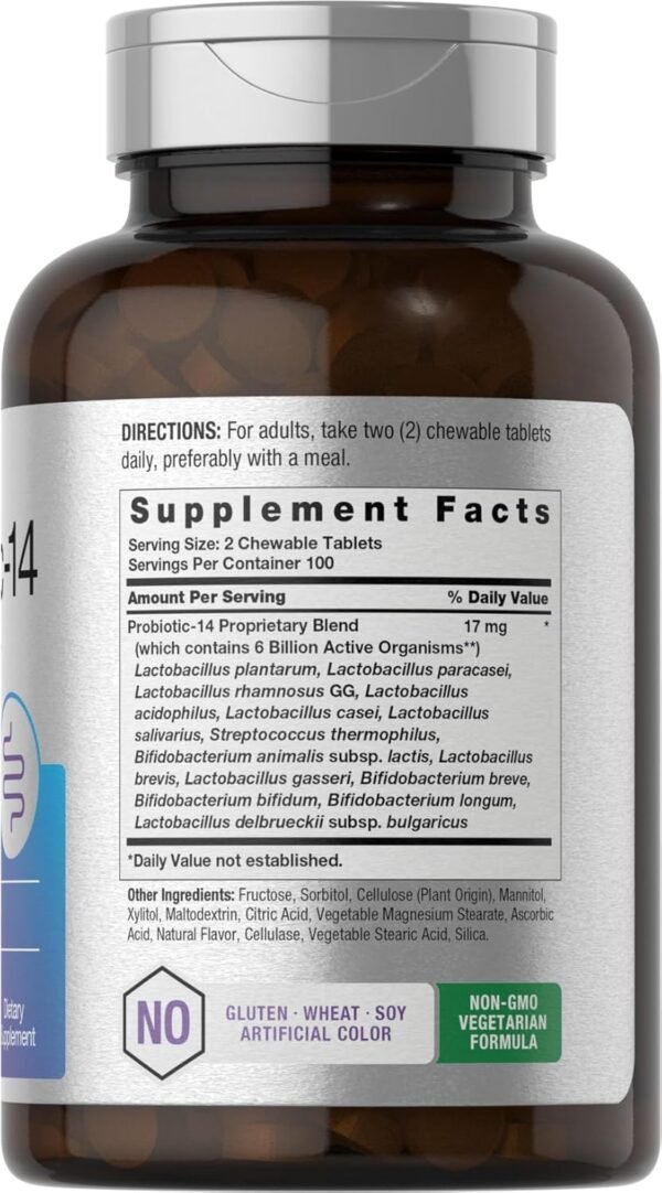 Horbäach Probiotics 6 Billion CFUs | 200 Chewable Tablets | Berry Flavor | 14 Probiotic Strains | Vegetarian, Non-GMO & Gluten Free Supplement for Men & Women - Image 3