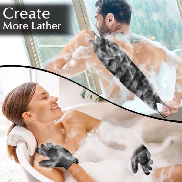 Anezus Exfoliating Back Scrubber Bath Gloves Set, Exfoliating Shower Towel with Shower Gloves for Body Scrub, Back Cleaner Wash Gloves to Remove Dead Skin (Black) - Image 3