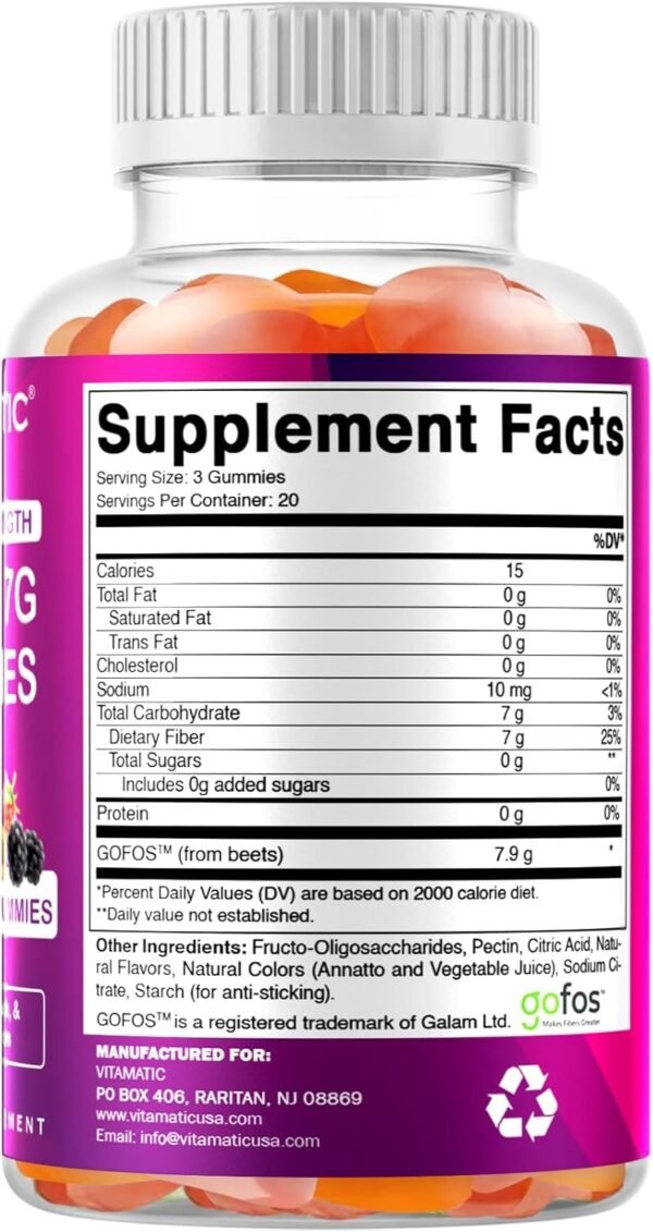 Vitamatic 2 Pack Prebiotic Fiber Gummies for Adults - 7G Fiber Extra Strength - Zero Sugar Added - 60 Pectin Based Gummies - Digestive Health & Regularity Support, (Total 120 Count) - Image 7