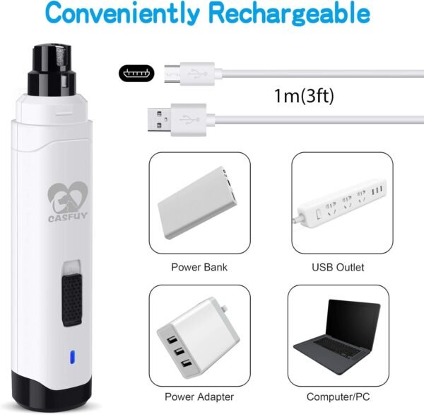 Casfuy Dog Nail Grinder Upgraded - Professional 2-Speed Electric Rechargeable Pet Nail Trimmer Painless Paws Grooming & Smoothing for Small Medium Large Dogs & Cats (White) - Image 7