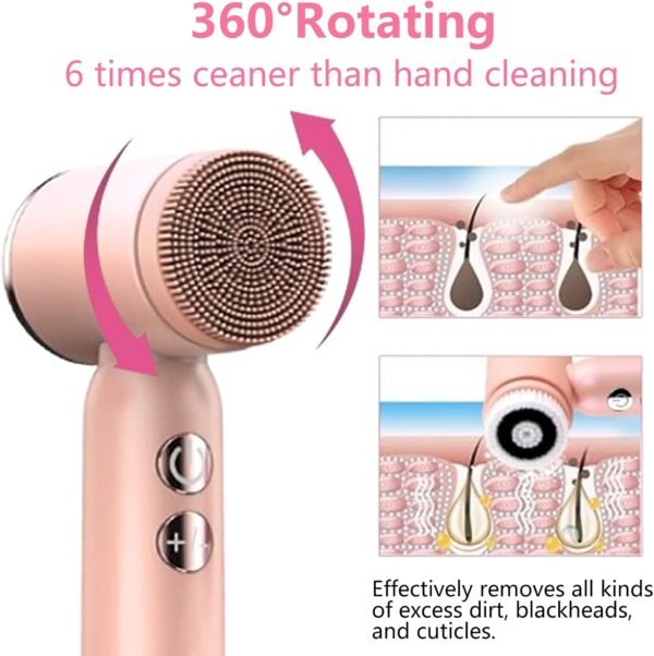 Facial Cleansing Brush, 6 in 1 Electric Face Scrubber with 6 Brush Heads and 3 Spin Speeds for Deep Cleansing, Waterproof Rechargeable Face Brushes for Dry Oily Sensitive Skin (Pink) - Image 6