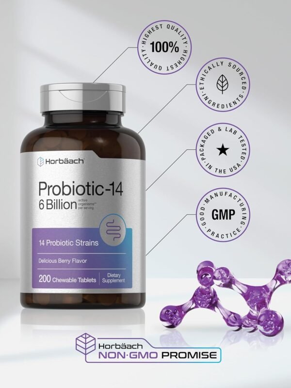 Horbäach Probiotics 6 Billion CFUs | 200 Chewable Tablets | Berry Flavor | 14 Probiotic Strains | Vegetarian, Non-GMO & Gluten Free Supplement for Men & Women - Image 7