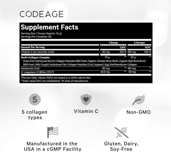 Codeage Multi Collagen Peptides + Probiotics Black Edition, Vitamin C, Hyaluronic Acid Powder Supplement, Grass-Fed, Pasture-Raised, Hydrolyzed, Zero Carbs, Type I, II, III, V & X, Unflavored, 21oz - Image 3