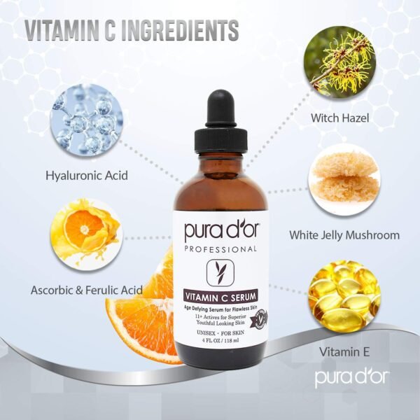 PURA D'OR 25% Vitamin C Serum 4 Oz + 0.25mm Derma Roller Set - Hyaluronic Acid & Retinol Microdermabrasion Skin Care Cosmetic Kit For Face & Eyes, Dark Spots - For Men & Women - Image 6