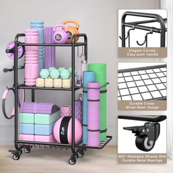 Weight Rack for Home Gym, All in One Yoga Mat Storage Rack, Workout Equipment Storage with Wheels and Hooks for Dumbbells Kettlebells Foam Rollers, Powder Coated Finish Steel - Image 8