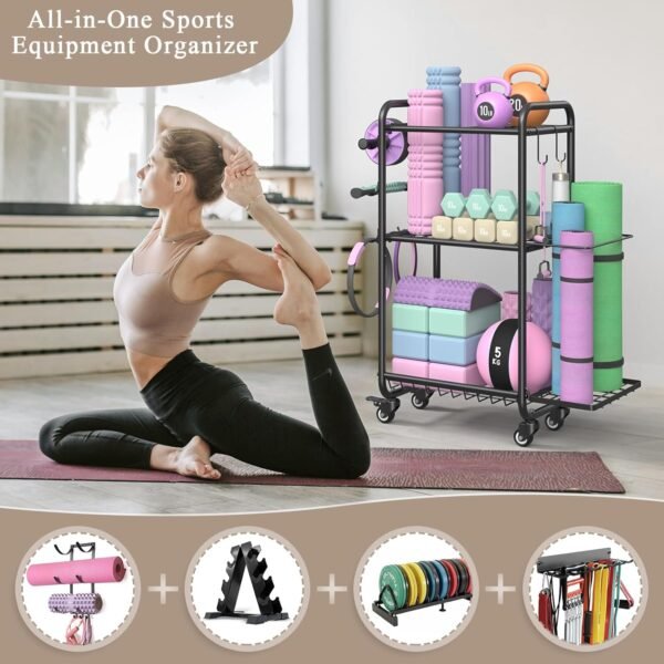 Weight Rack for Home Gym, All in One Yoga Mat Storage Rack, Workout Equipment Storage with Wheels and Hooks for Dumbbells Kettlebells Foam Rollers, Powder Coated Finish Steel - Image 9