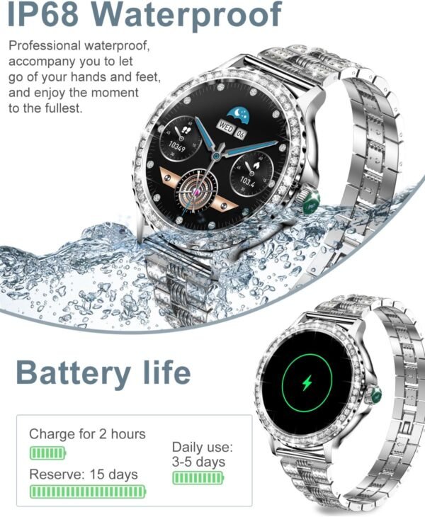 Smart Watches for Women(Answer/Make Calls) with Diamonds, 1.3” HD Bluetooth Smart Watch for Android iOS Phones, IP68 Waterproof Fitness Activity Trackers Smartwatch with Heart Rate/SpO2/Sleep Monitor - Image 8