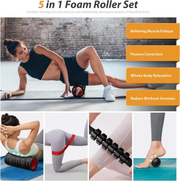 5 in1 Foam Roller Set, Trigger Point Foam Rollers, Massage Roller Stick, Massage Ball, Resistance Band for Deep Muscle Massage Pilates Yoga,Fitness Exercise for Whole Body (Black-Red) - Image 3