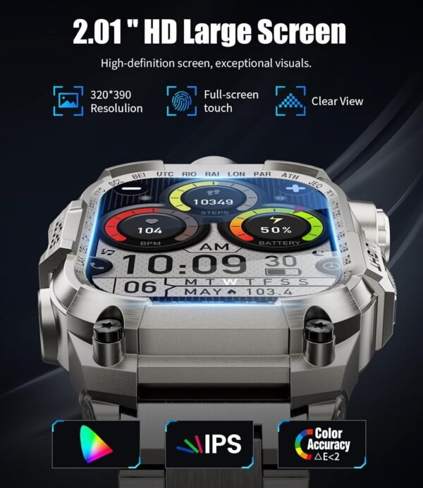 LIGE Military Smart Watch for Men, 2.01" LED Flashlight Rugged Smartwatch, 100+ Sports Fitness Tracker Watch, 700mAh Long Battery/Sleep/IP68 Waterproof Smart Watch for Android iPhone Compatible - Image 3