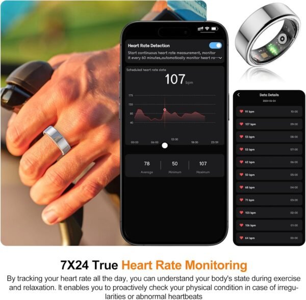 Smart Ring, Heart Rate/Sleep/Blood Oxygen Monitoring, Step Count, Wearable Fitness Tracker, APP Bluetooth Connected, IP68 Waterproof,Silver (Size 9) - Image 4
