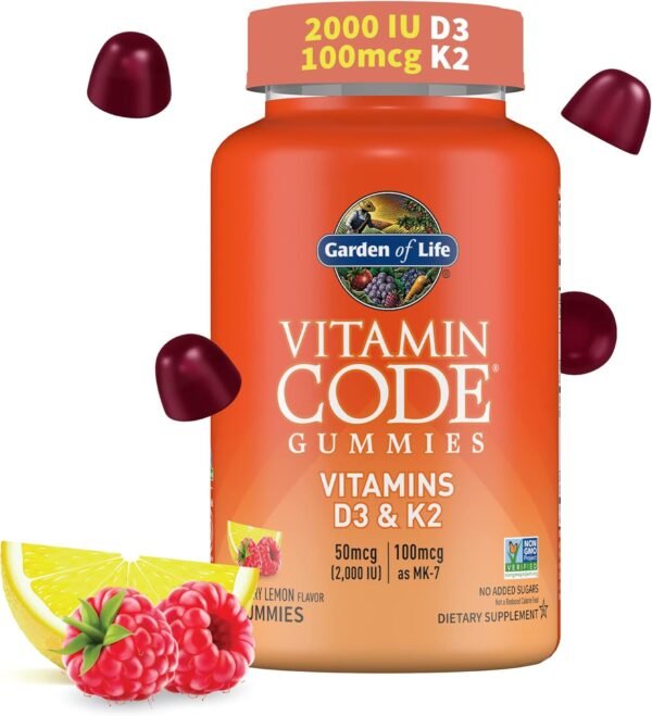 Garden of Life Vitamin D3+K2 Gummies with Prebiotics&Probiotics for Digestion,2000 IU Vitamin D3+100mcg K2 for Bone&Immune Health for Adults,Vitamin Code,Non-GMO,Gluten-Free,45 Raspberry Lemon Gummies - Image 2