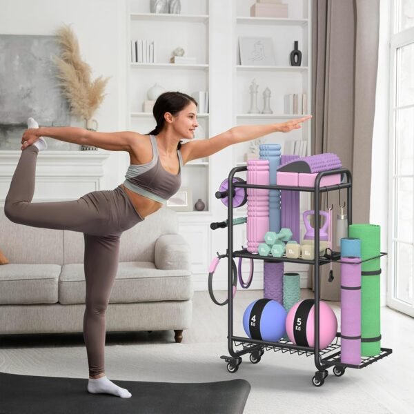 Weight Rack for Home Gym, All in One Yoga Mat Storage Rack, Workout Equipment Storage with Wheels and Hooks for Dumbbells Kettlebells Foam Rollers, Powder Coated Finish Steel - Image 3