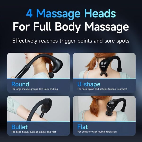 JOROTO Massage Gun Deep Tissue with Extended Handle Neck Shoulder Back Massager for Pain Relief Percussion Massager Gun for Muscles with 4 Massage Heads & 5 Speed Levels Birthday Christmas Gift - Image 6