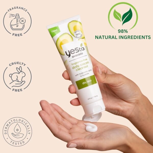 Yes To Avocado Fragrance Free Daily Cream Cleanser, Hydrating Face Wash That Removes Makeup & Impurities Leaving Skin Moisturized With Hyaluronic Acid & Glycerin, Natural Vegan & Cruelty Free, 4 Fl Oz - Image 3