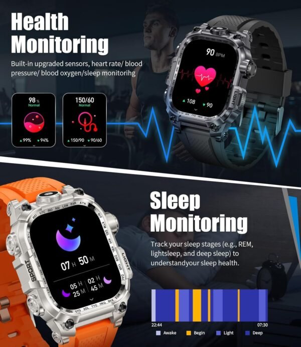 LIGE Military Smart Watch for Men, 2.01" LED Flashlight Rugged Smartwatch, 100+ Sports Fitness Tracker Watch, 700mAh Long Battery/Sleep/IP68 Waterproof Smart Watch for Android iPhone Compatible - Image 9
