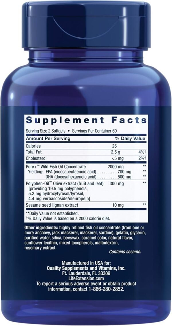 Super Omega-3 EPA/DHA Fish Oil, Sesame Lignans & Olive Extract - For Heart & Brain Health – For Inflammation & Cholesterol Management – Gluten-Free, Non-GMO – Lemon Flavor 120 Softgels - Image 3