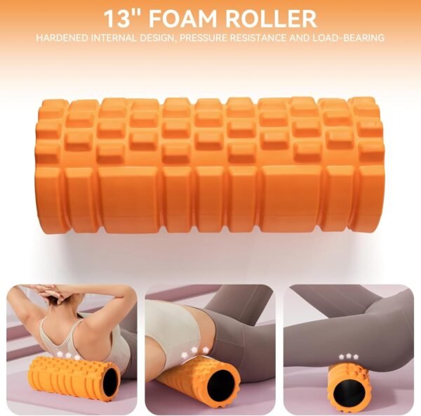 5 in 1 Foam Roller Set for Deep Tissue Muscle Massage, Trigger Point Fitness Exercise Foam Roller, Massage Roller, Massage Ball, Stretching Strap, for Whole Body (Orange Black) - Image 3