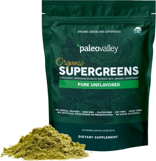 Paleovalley Organic Supergreens Powder - 23 Superfoods with Prebiotic Fiber for Energy and Immunity Support - No Cereal Grasses for Maximum Absorption - Pure Unflavored, 30 Servings - Image 2