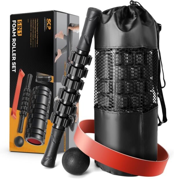 5 in1 Foam Roller Set, Trigger Point Foam Rollers, Massage Roller Stick, Massage Ball, Resistance Band for Deep Muscle Massage Pilates Yoga,Fitness Exercise for Whole Body (Black-Red) - Image 9
