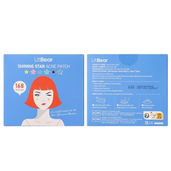 LitBear Acne Patch with Tea Tree & Centella Oil, 168 Hydrocolloid Dots in 6 Colors for Face - Cute Star Pimple Stickers - Image 9
