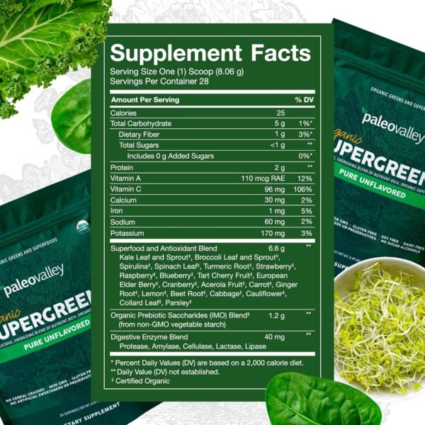 Paleovalley Organic Supergreens Powder - 23 Superfoods with Prebiotic Fiber for Energy and Immunity Support - No Cereal Grasses for Maximum Absorption - Pure Unflavored, 30 Servings - Image 3