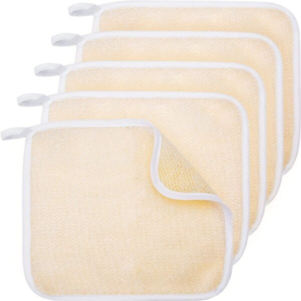 Tatuo 5 Pcs Exfoliating Face and Body Wash Cloths Towel Weave Bath Exfoliating Scrub Massage Bath Cloth for Women and Men, 10.63 x 9.05 Inch(Beige Edge) - Image 2