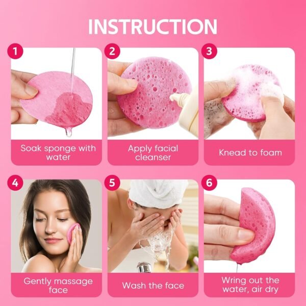 50-Count Compressed Facial Sponges for Daily Facial Cleansing and Exfoliating, 100％ Natural Cosmetic Spa Sponges for Makeup Remover, Reusable, Pink - Image 4