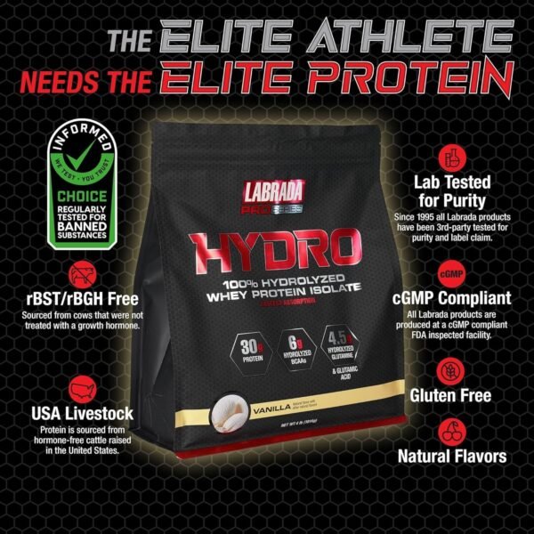 Labrada Hydro 100% Pure Hydrolyzed Whey Protein Isolate Powder, Lactose Free, Glutamine, Fastest Digesting Whey Available, Instant Mixing, Delicious Taste 48 Servings 4lb (Vanilla) - Image 4